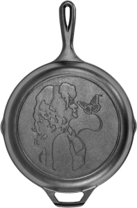 Lodge 10.25 Inch Dolly Parton Pre-Seasoned Cast Iron Stamped Skillet - Signature Teardrop Handle - Use in the Oven, on the Stove, on the Grill, or Over a Campfire, Black