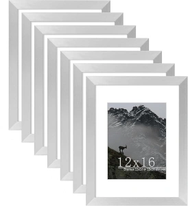 Picrit 12x16 Picture Frame Set of 7, Display 8.5 x 11 with Mat or 12 x 16 Without Mat, Photo Frames for Wall Mounting or Table Top Display, Silver.