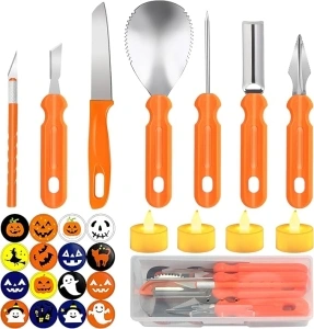 Pumpkin Carving Kit, 14 PCS Stainless Steel Pumpkin Carving Tools with Halloween Stickers and Candles, Halloween Decorations Gifts for Family DIY, Pumpkin Decorating Kit with Box for Kids and Adults