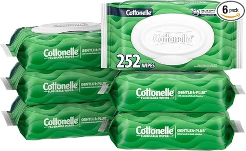 Cottonelle GentlePlus Flushable Wet Wipes with Aloe & Vitamin E, 6 Flip-Top Packs, 42 Wipes Per Pack (252 Total Wipes), Packaging May Vary