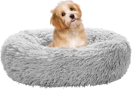 Calming Dog Bed for Small Melium Large Dogs Donut Washable Pet Bed for Puppy and Kitten Anti-Anxiety Donut Warming Cozy Soft Round Bed with Slip-Resistant Bottom (Grey, 24