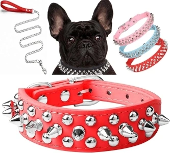 Spiked Dog Collar Soft Pu Leather Mushrooms Rivet Spike Studded Puppy Adjustable Pet Collars for Small Breeds (L, Red Set)