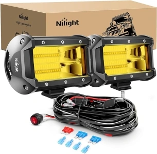 Nilight - ZH304 Led Light Bar 2PCS 5Inch 72W 10800Lumens Yellow Flood Beam Fog Driving Lamps Off-Road Lights with 16AWG Wiring Harness Kit-2 Lead