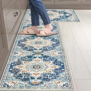 Moroccan Kitchen Mats for Floor 2 Piece Set, Washable Kitchen Rugs,Soft Cushioned Comfort Kitchen Floor Mats, Stain-Resistant Blue Boho Vintage Secure Non-Slip Set of 2 Kitchen Rug,Blue Grey