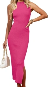 MEROKEETY Women's 2024 Sleeveless Mock Neck Knit Sweater Dress Ribbed Bodycon Slit Tank Maxi Dresses