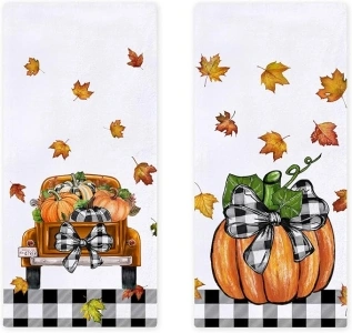 Fall Thanksgiving Pumpkin Kitchen Dish Towels Set of 2, Autumn Truck Absorbent Dish Cloths for Washing and Drying Dishes, Hand Towels for Bathroom, Tea Towels for Kitchen, 18x26