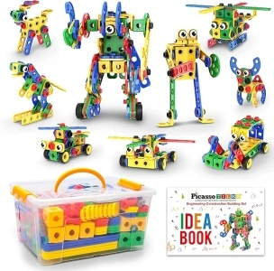 PicassoTiles STEM Learning Toys 201 Piece Building Block Kids Construction Engineering Kit Toy Blocks Children Early Education Playset w/Free IdeaBook, Power Drill, Clickable Ratchet, Age 3+ PTN201