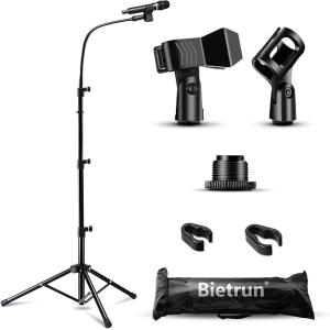 Mic Stand, Bietrun Metal Gooseneck Boom Arm Mic Stand Tripod, Height＆360° Adjustable, with Carrying Bag & 2 Mic Clips,Compatible with Wireless Mic＆Wired Mics for Singing/Wedding/Church/Stage/Party