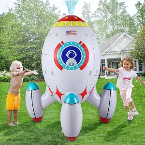 Rocketship Sprinkler for Kids Outdoor Play, Giant Inflatable Water Rocket Ship Kids Sprinkler for Backyard Games, Theme Parties, and Summer Entertainment