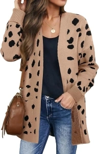 ZESICA Women's 2024 Fall Winter Long Sleeves Open Front Leopard Print Knitted Sweater Cardigan Coat Outwear