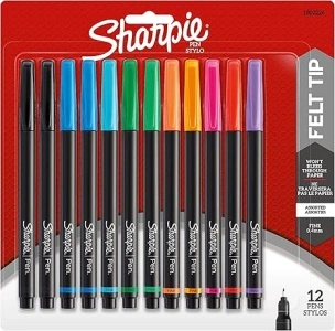 Sharpie Pens, Felt Tip Pens, Fine Point (0.4mm), Assorted Colors, 12 Count