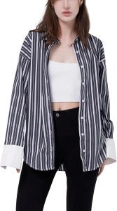 Womens Long Sleeve Button Down Striped Shirts Casual Cufflink-Free Blouse Shirts