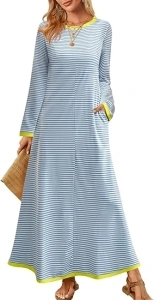 MEROKEETY Women's 2024 Fall Striped Long Sleeve Maxi Dress Color Block Casual T Shirt Long Dresses with Pockets
