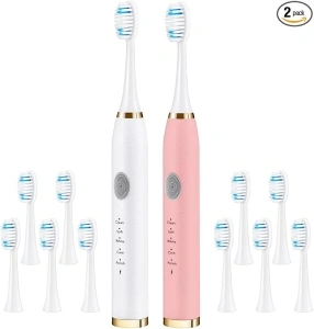 2 Pack Toothbrush Electric for Adults, Rechargeable Sonic Toothbrush Bundle for Oral Care,10 Toothbrush Heads Replacement, 5 Modes, 2 Hours Charge for 60 Days, Smart Timer (White+Pink)