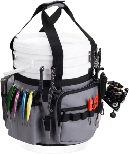 Fishing Bucket Organizer for 5 Gallon Bucket, Fishing Bucket Caddy with Adjustable Buckle, Rod & Plier Holder and Multi-Pockets for Fishing Gear