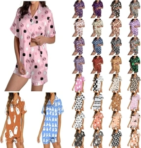 Halloween Womens Silk Pajamas Set Cute Pumpkin Ghost Graphic Shirt And Shorts Pjs Sets 2 Piece Sets Sleepwear