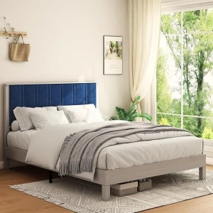 Queen Size Wood Bed Frame with Headboard, Higher Velvet Upholstered Headboard, Strong Wooden Slats & Platform Foundation, No Noise, Easy Assembly, Antique Grey Beige