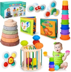 Balnore 6 in 1 Baby Toys 6 to 36 Months, 26pcs Montessori Toy, Identification Cloth Book, Infant Gifts Play Set Kids Sensory Learning Activity Infant Bath Time Fun for 1-4 Year Old Birthday Box