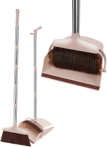 Broom and Dustpan Set, Stand Upright Windproof Dustpan, Long Handle Broom and Dustpan with Teeth for Home Kitchen Room Office Lobby Floor Cleaning (Khaki)