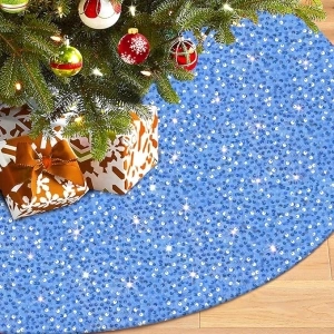 Light Blue Christmas Tree Skirt Sequin Tree Skirt 36 Inch Mermaid Glitter Tree Skirt Mat Velvet Xmas Tree Skirts for Artificial Trees Personalized Sparkly Tree Skirt Collar for Christmas Decor