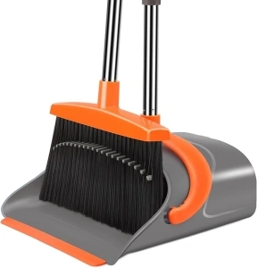 Broom and Dustpan Set for Home, Broom and Dustpan Combo for Office, Long Handle Broom with Upright Standing Dustpan,Indoor&Outdoor Sweeping (Gray&Orange)