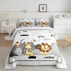 Kids Giraffe Lion Monkey Print Comforter Set Full Size Cute Animals Bedding Set for Boys Girls Teens Bedroom Decor Wild Life Decor Comforter Women Men Cute Rainbow Duvet Set with 2 Pillow Case
