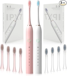 2 Pack Rechargeable Electric Toothbrush with 8 Brush Heads, 6 Cleaning Modes Waterproof 2 Minute Timer (Pink&White)