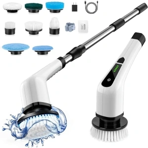 Electric Spin Scrubber, Cordless Cleaning Brush Scrubber for Home, 400RPM/Mins-8 Replaceable Brush Heads-90Mins Work Time, 3 Adjustable Size, 2 Speeds for Bathroom Shower Bathtub Glass Car