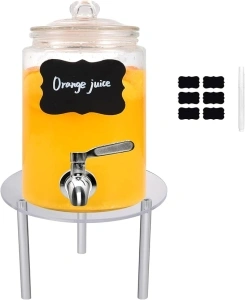 1 Gallon Drink Disepnser with Stand, Beverage Dispenser with Stainless Steel Spigot, Chalkpen and Labels, Glass Drink Dispenser for Lemonade, Juice, Sun Tea, Punch, Idea for Parties and Events