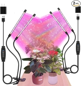 LED Grow Lights (2 Packs), 2 Heads Red Blue White Full Spectrum Plant Light with Clamp for Indoor Plants & Seed Starting, 10-Level Dimmable, Auto On Off, Timing 4 6 12Hrs