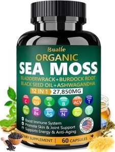 Organic Sea Moss Capsules 27,850mg with Sea Moss,Black Seed Oil,Ashwagandha,Bladderwrack,Ginger,Burdock Root for Immune System,Skin,Energy Support-USA Made (60 Capsules)