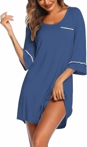 Ekouaer Women Nightgown Night Dress 3/4 Sleeve Night Shirt Round Neck Sleepshirt with Chest Pocket