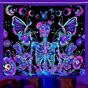 ARTHMOM Blacklight Skull Tapestry for Bedroom Aesthetic, Funny Butterfly Moon Halloween Wall Tapestry UV Reactive Mushroom Skeleton Flowers Tapestries Hanging for Home Decor (91