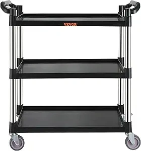 VEVOR Utility Service Cart, 3 Shelf Heavy Duty 154LBS Food Service Cart, Rolling Utility Cart with Lockable Wheels, 32.7