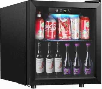 Kndko Mini Beverage Refrigerator - 48 Can Mini Fridge with Digital Temperature Control, LED Light, Reversible Door, Perfect for Home, Office, Bar, and Game Room - 1.3 Cu.Ft, Black