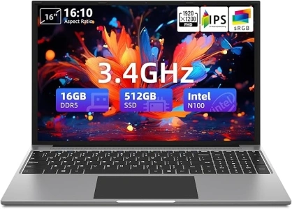 Laptop 16 Inch, 16GB DDR5 512GB SSD, Quad Core N100 CPU, FHD IPS 1920x1200 Display, Notebook Computers with Cooling System, 38WH Battery, 2.4G+5G WiFi, BT4.0, Portable Business Student Laptops.