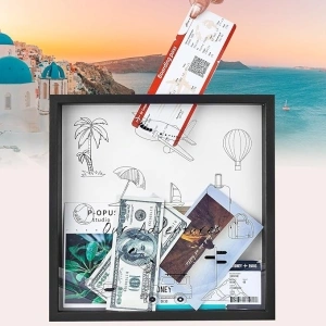 SPACEKEEPER Adventure Travel Shadow Box, Adventure Archive Box with Slot, Travel Box for Memories Loading Shadow Box Frame for Wedding, Tickets, and Photos (Black, 12*12 )