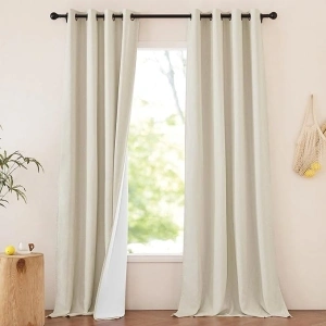 NICETOWN Thick Linen 100% Blackout Bedroom Curtains 108 inches Long, Bronze Grommet 2 Layers with White Liner Window Treatments Sound Reducing for Living Room, Natural, W52 x L108, 2 Panels