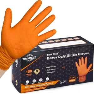 TitanFlex Thor Grip Heavy Duty Industrial Orange Nitrile Gloves with Raised Diamond Texture, 8-mil, Latex Free, Powder Free