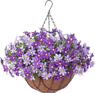 Artificial Flower Hanging Basket for Spring Summer Outdoor Porch Decor，Faux Hanging Plants Silk Chrysanthemum Arrangement in 12 inch Planter Basket for Home Patio Balcony Yard(Purple)