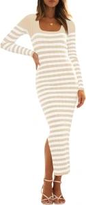 MEROKEETY Women's Fall Long Sleeve Striped Sweater Dress Bodycon Square Neck Ribbed Knit Slit Midi Dresses