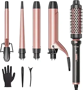 Wavytalk 5 in 1 Curling Iron Set with Curling Brush and 4 Interchangeable Ceramic Curling Wand (0.35