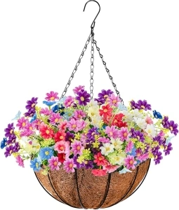 Artificial Hanging Baskets with Flowers - 140 Flower Heads Fake Hanging Flowers for Outdoors Patio Garden, Artificial Hanging Flowers in Basket with 12