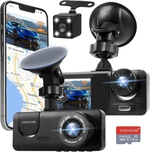 3 Channel Dash Cam WiFi FHD 1080P Car Camera 64GB TF Card,TOPGOOSE Front Dash Camera Front and Rear Inside for Cars,Mini Dashcams with Night Vision,Loop Recording,WDR,G-Sensor