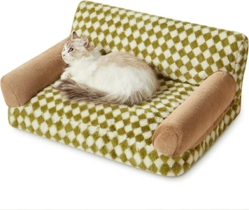 BFPETHOME Cat Couch Bed & Dog Couch Bed, Pet Couch Bed for Small Pet, Cute Dog Sofa Bed, Cat Sofa & Pet Sofa with Non-Slip Bottom, Checkered Dog Bed with Washable Cover (Green&White)