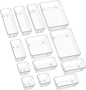 SMARTAKE 13-Piece Drawer Organizers with Non-Slip Silicone Pads, 5-Size Desk Drawer Organizer Trays Storage Tray for Makeup, Jewelries, Utensils in Bedroom Dresser, Office and Kitchen, Clear