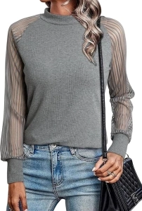 Dokotoo Womens Fall Crewneck Mesh Lace Long Sleeve Ribbed Knit Blouses Solid Color Pullover Tops