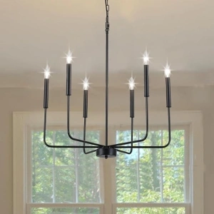 Black Chandelier for Dining Room, Modern Metal 6-Light Kitchen Light Fixtures, Farmhouse Candle Hanging Pendant Light for Living Room Entryway Foyer Bedroom Industrial Chandelier