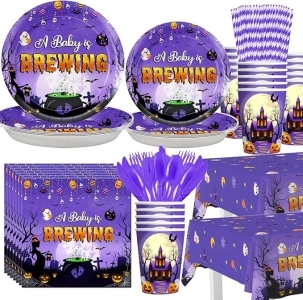 Halloween Baby Shower Decorations, A Baby Is Brewing Tableware Includes Paper Plates Napkins Cups Plastic Forks Knifes Spoons Paper Straws and Tablecloths Serve 24 Guests