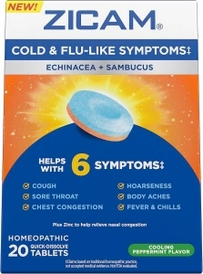 Zicam Cold & Flu-Like Symptoms with Echinacea and Sambucus, Homeopathic, Zinc, Cooling Peppermint Flavor, Helps with Cold Symptoms, 20 Tablets